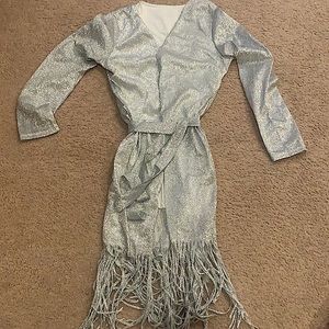 Woman’s Silver Sparkling Over Coat  with Tie